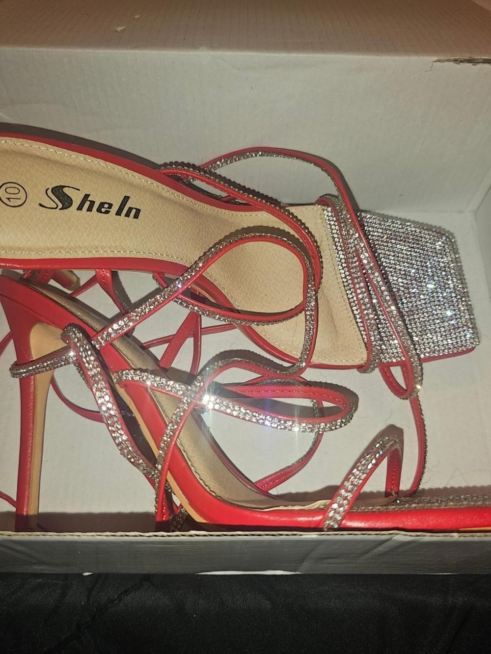 SHEIN Red Rhinestone-Strap Square Toe Block Heels - Picture 2 of 2
